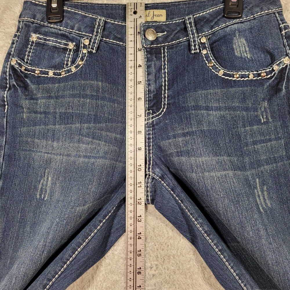 Earl Bootcut Jeans Women 8 Blue Rhinestone Embellished Distressed 31x31 - Picture 4 of 8